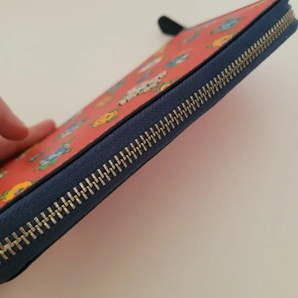 Coach‎ Accordion Zip Wallet Tea Rose Floral Print Coated Canvas Blue Red F57649